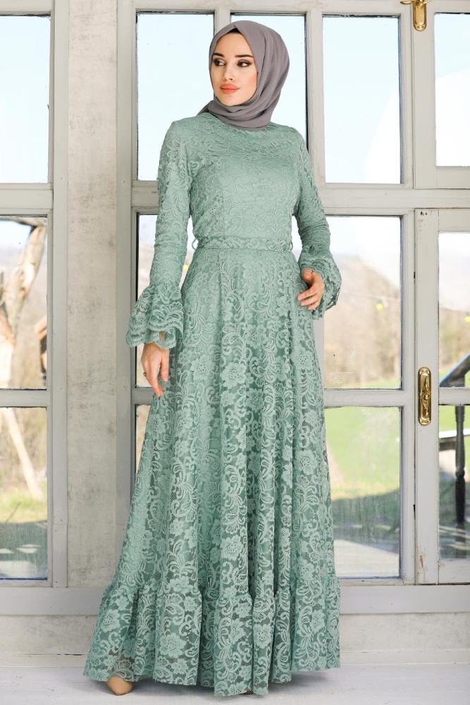 Tesettürlü Abiye Elbise - Dantel İşlemeli Mint Tesettür Abiye Elbise 5476MINT - 2