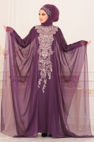 Tesettürlü Abiye Elbise - Dantel İşlemeli Mor Tesettürlü Abiye 190701MOR - Thumbnail