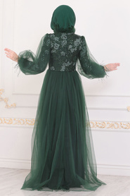 Tesettürlü Abiye Elbise - Dantel İşlemeli Yeşil Tesettür Abiye Elbise 4090Y - Thumbnail