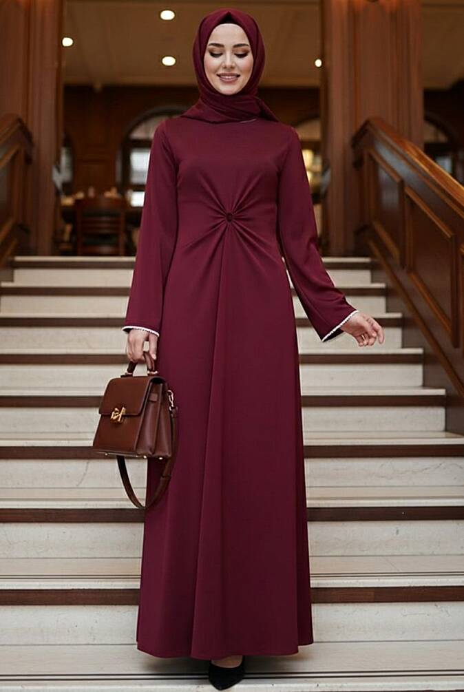 Tesettürlü Abiye Elbise - Dantel Yaka Bordo Tesettür Abiye Elbise 62412BR - 1
