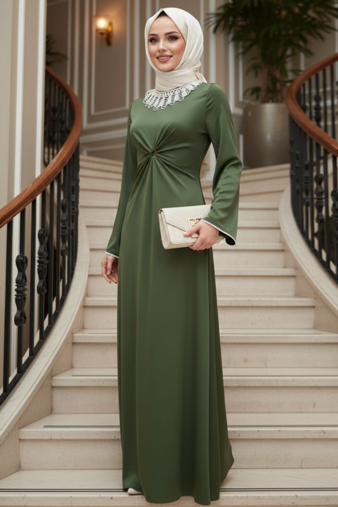 Tesettürlü Abiye Elbise - Dantel Yaka Haki Tesettür Abiye Elbise 62412HK - 1