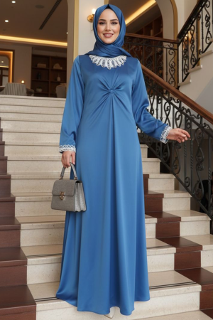 Tesettürlü Abiye Elbise - Dantel Yaka İndigo Mavisi Tesettür Abiye Elbise 62412IM 