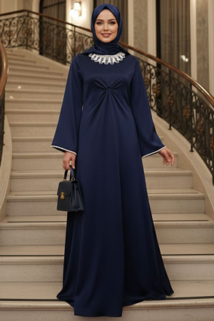 Tesettürlü Abiye Elbise - Dantel Yaka Lacivert Tesettür Abiye Elbise 62412L 