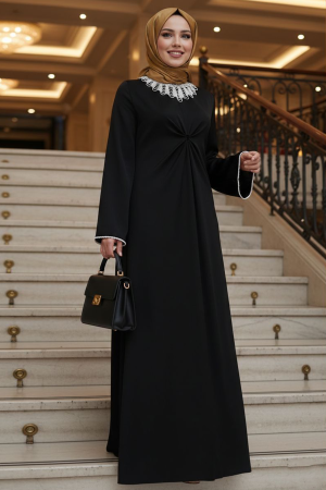Tesettürlü Abiye Elbise - Dantel Yaka Siyah Tesettür Abiye Elbise 62412S 