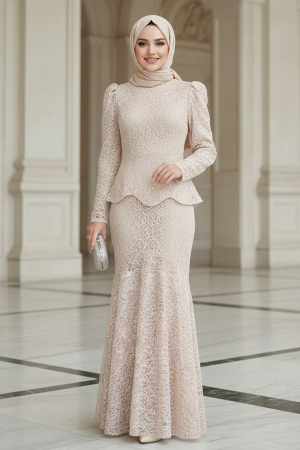 Tesettürlü Abiye Elbise - Dantelli Bej Tesettür Abiye Elbise 55521BEJ - N.S NEVA STYLE