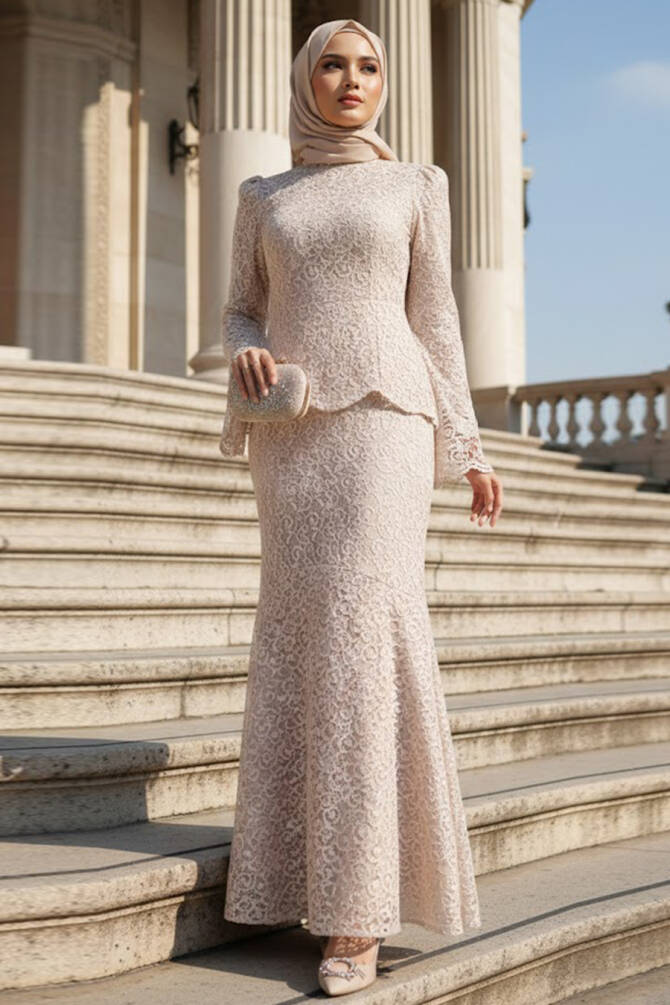 Tesettürlü Abiye Elbise - Dantelli Bej Tesettür Abiye Elbise 55521BEJ - 1