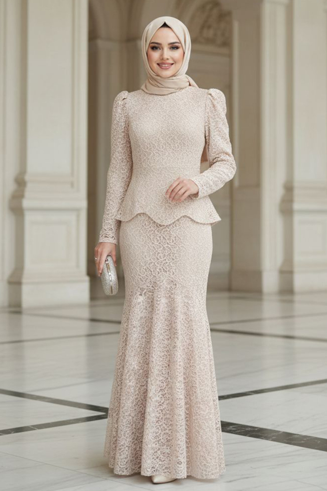 Tesettürlü Abiye Elbise - Dantelli Bej Tesettür Abiye Elbise 55521BEJ - N.S NEVA STYLE