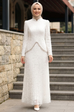 Tesettürlü Abiye Elbise - Dantelli Beyaz Tesettür Abiye Elbise 55591B - N.S NEVA STYLE