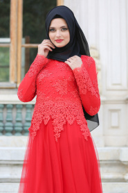 Tesettürlü Abiye Elbise - Dantelli Boncuk Detaylı Kırmızı Tesettür Abiye Elbise 7691K - Thumbnail