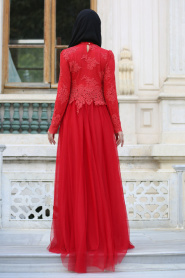 Tesettürlü Abiye Elbise - Dantelli Boncuk Detaylı Kırmızı Tesettür Abiye Elbise 7691K - Thumbnail