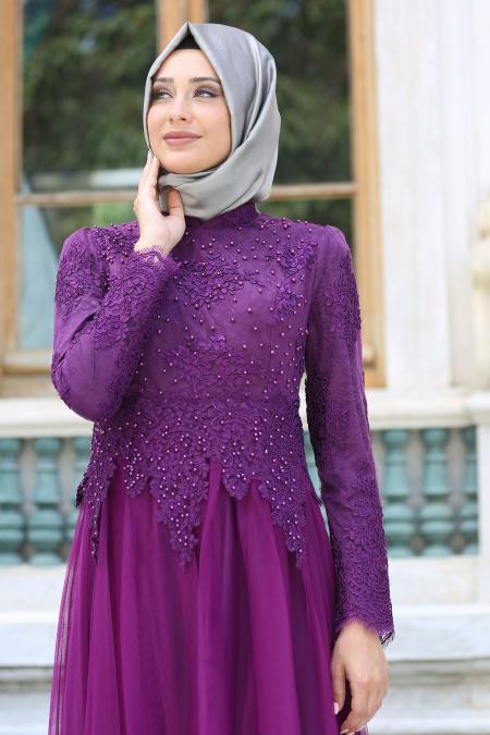 Tesettürlü Abiye Elbise - Dantelli Boncuk Detaylı Mor Tesettür Abiye Elbise 7691MOR - 2