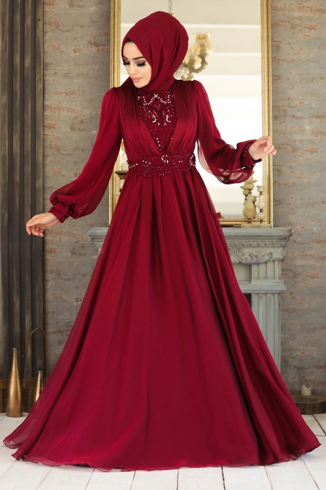 Tesettürlü Abiye Elbise - Dantelli Bordo Tesettür Abiye Elbise 21540BR - 2