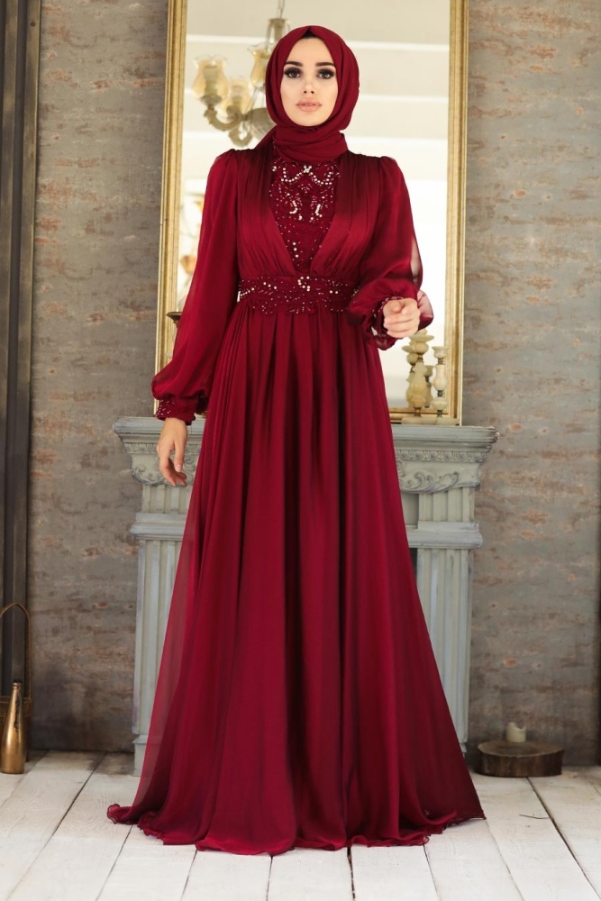 Tesettürlü Abiye Elbise - Dantelli Bordo Tesettür Abiye Elbise 21540BR - 3