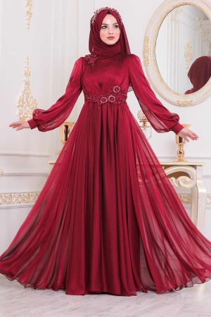 Tesettürlü Abiye Elbise - Dantelli Bordo Tesettür Abiye Elbise 21630BR - 1