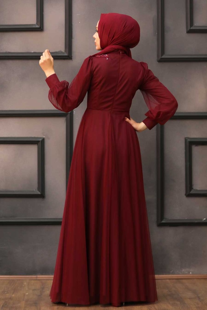 Tesettürlü Abiye Elbise - Dantelli Bordo Tesettür Abiye Elbise 22061BR - 2