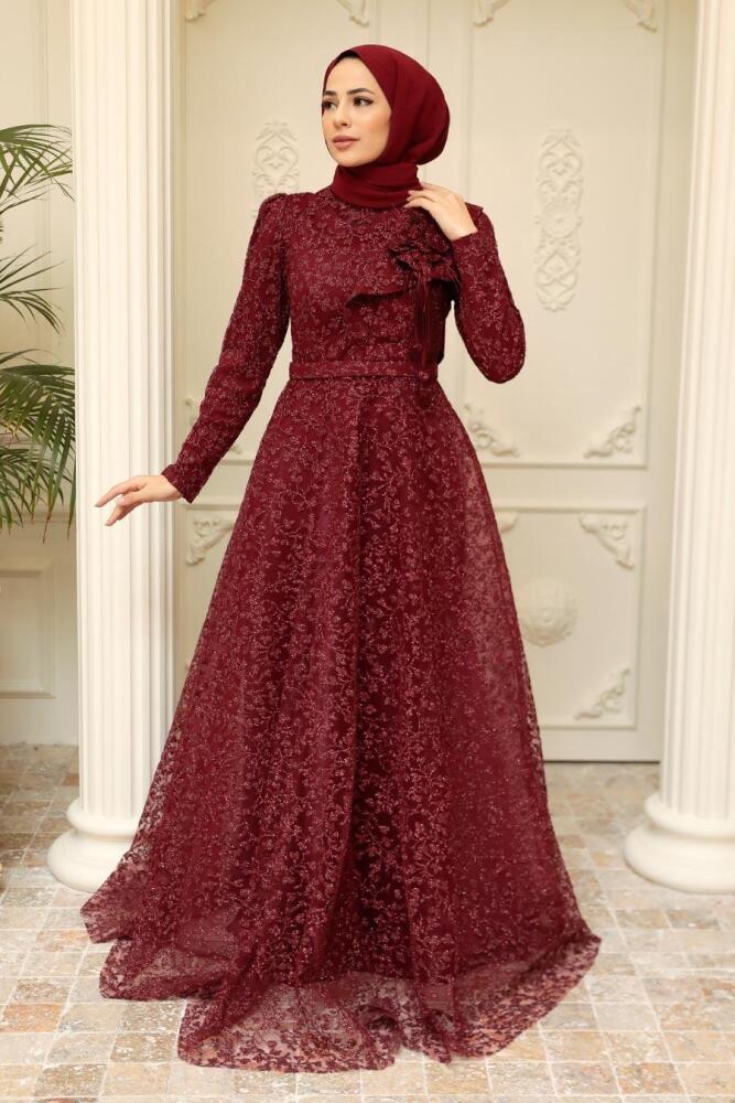 Tesettürlü Abiye Elbise - Dantelli Bordo Tesettür Abiye Elbise 22421BR - 1