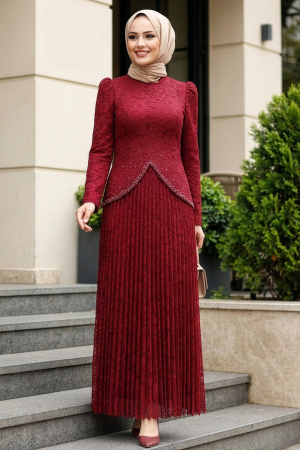 Tesettürlü Abiye Elbise - Dantelli Bordo Tesettür Abiye Elbise 55591BR - N.S NEVA STYLE