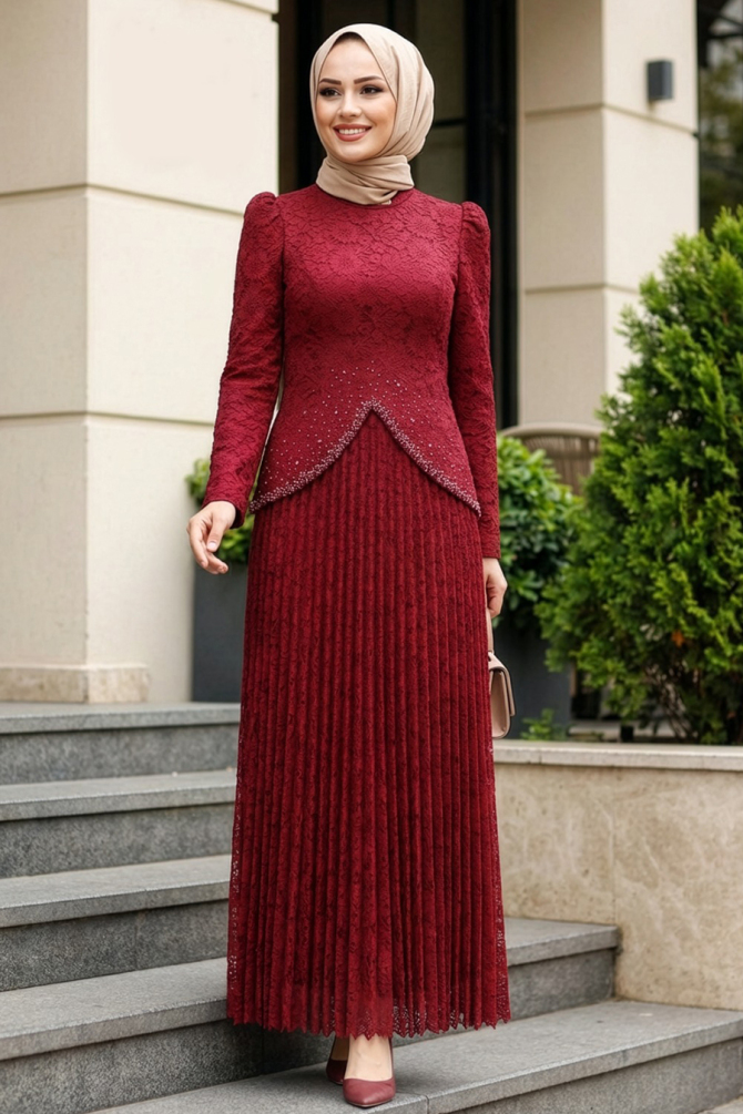 Tesettürlü Abiye Elbise - Dantelli Bordo Tesettür Abiye Elbise 55591BR - N.S NEVA STYLE