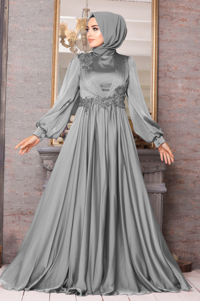 Tesettürlü Abiye Elbise - Dantelli Gri Tesettür Abiye Elbise 21630GR - 1