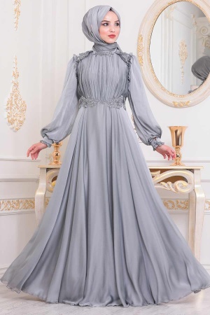 Tesettürlü Abiye Elbise - Dantelli Gri Tesettür Abiye Elbise 21640GR - 1