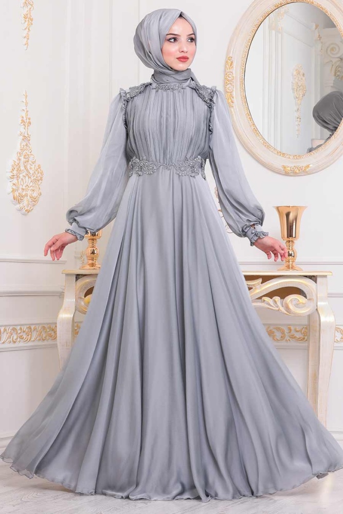 Tesettürlü Abiye Elbise - Dantelli Gri Tesettür Abiye Elbise 21640GR - 1