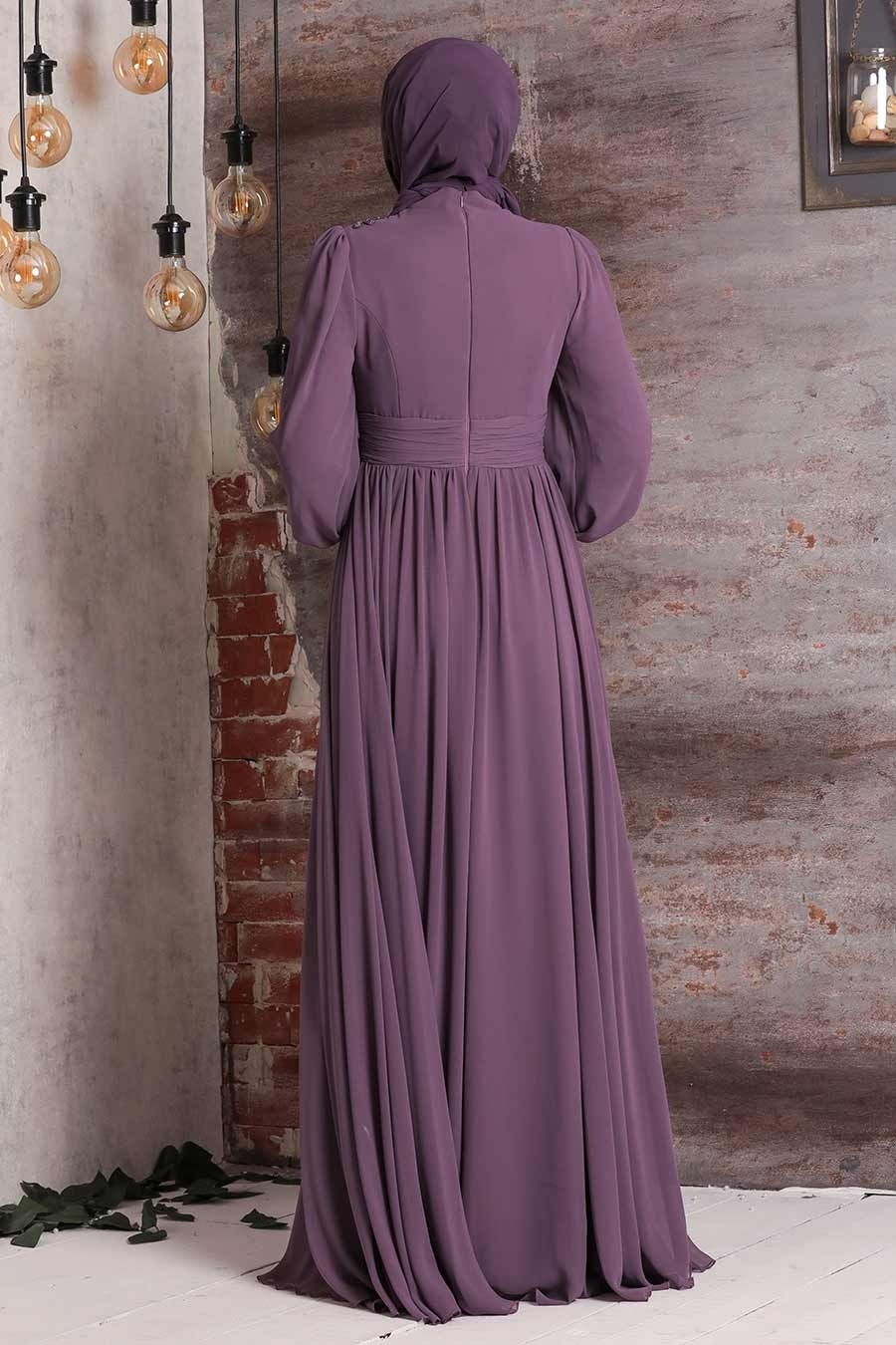 Tesettürlü Abiye Elbise - Dantelli Gül Kurusu Tesettür Abiye Elbise 21940GK