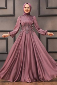 Tesettürlü Abiye Elbise - Dantelli Gül Kurusu Tesettür Abiye Elbise 22150GK - Thumbnail