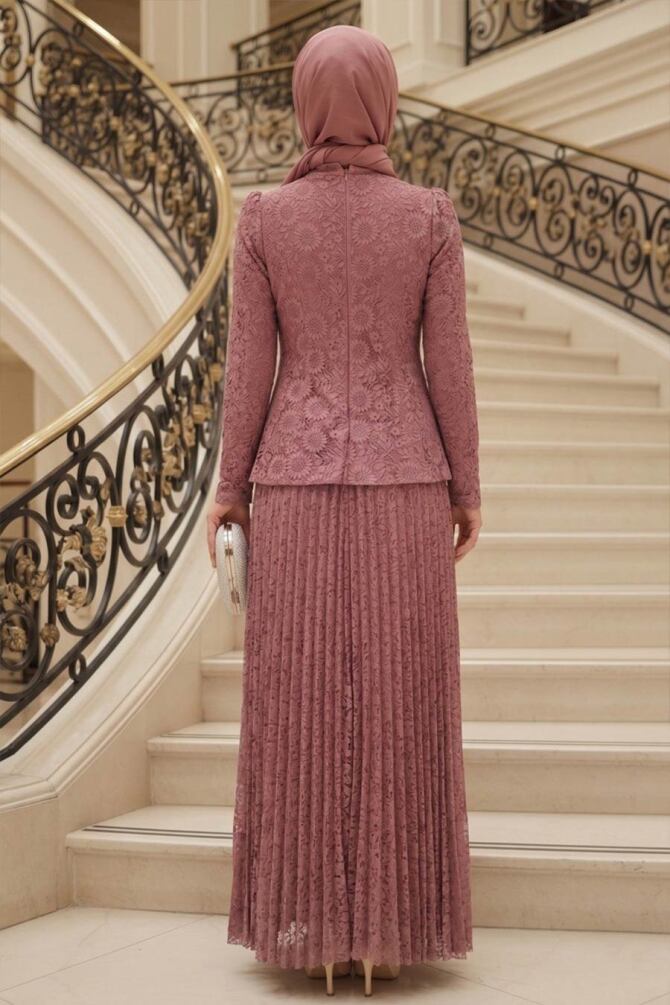 Tesettürlü Abiye Elbise - Dantelli Gül Kurusu Tesettür Abiye Elbise 55591GK - 2