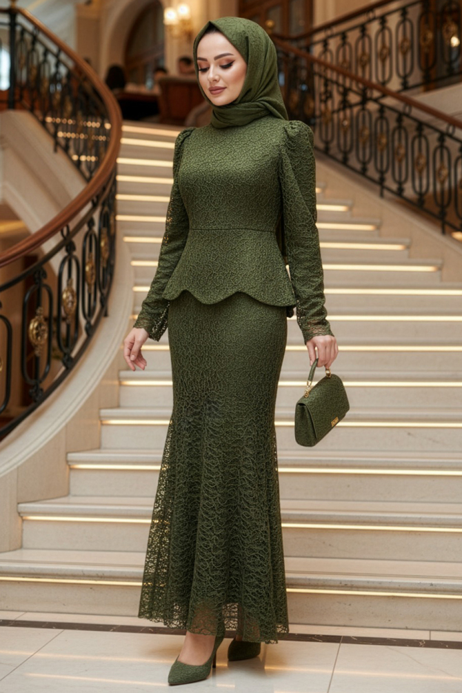 Tesettürlü Abiye Elbise - Dantelli Haki Tesettür Abiye Elbise 55521HK - N.S NEVA STYLE