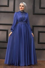 Tesettürlü Abiye Elbise - Dantelli İndigo Mavisi Tesettür Abiye Elbise 21540IM - Thumbnail