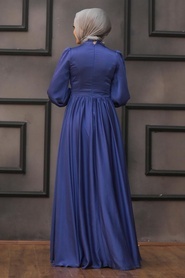 Tesettürlü Abiye Elbise - Dantelli İndigo Mavisi Tesettür Abiye Elbise 21540IM - Thumbnail