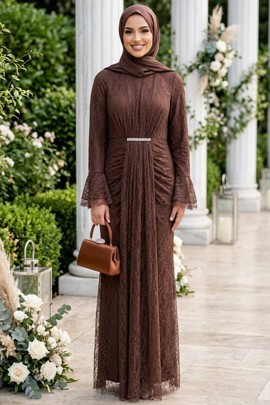 Tesettürlü Abiye Elbise - Dantelli Kahverengi Tesettür Abiye Elbise 56621KH