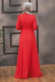 Tesettürlü Abiye Elbise - Dantelli Kırmızı Tesettür Abiye Elbise 2705K - Thumbnail