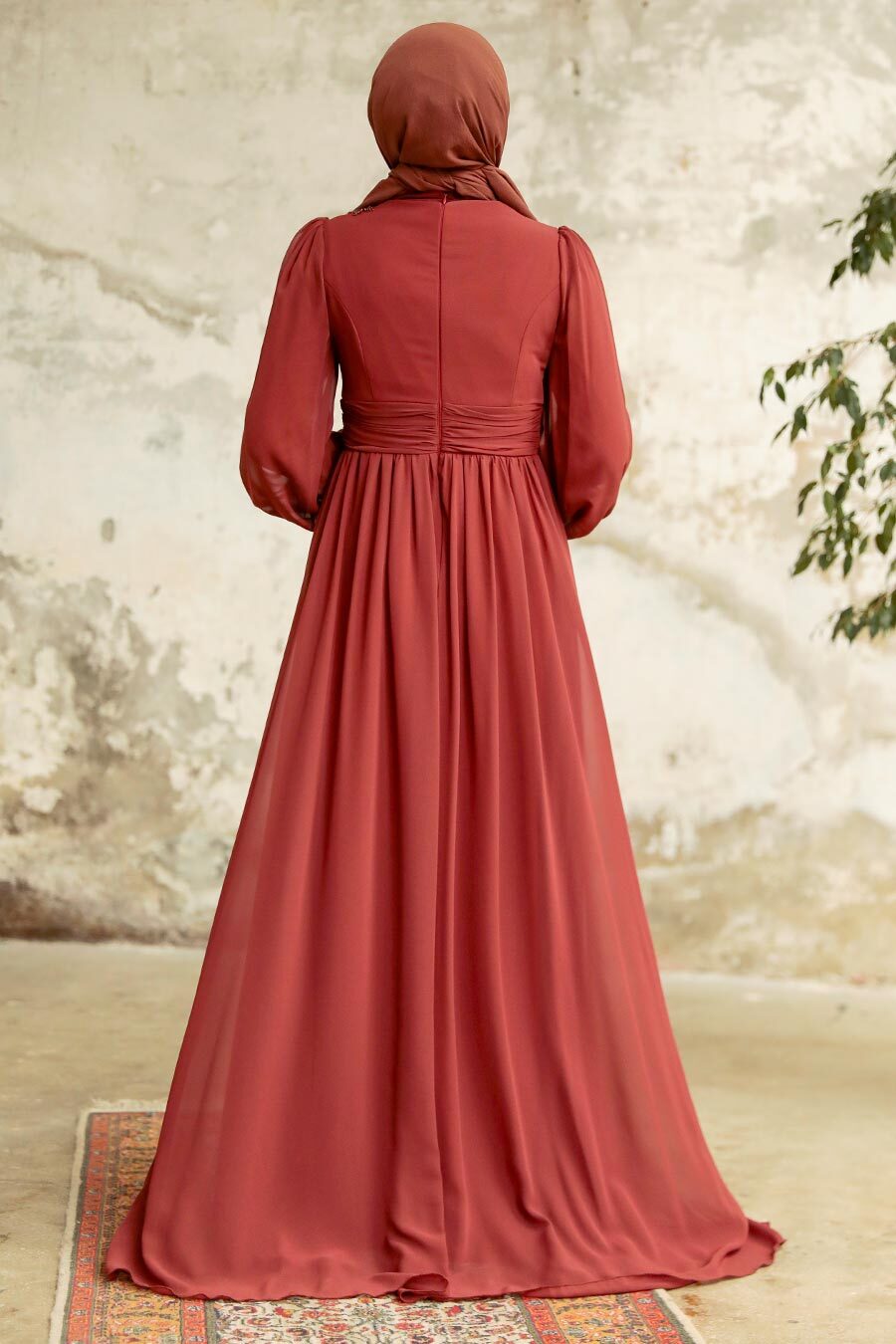 Tesettürlü Abiye Elbise - Dantelli Koyu Kiremit Tesettür Abiye Elbise 21940KKRMT