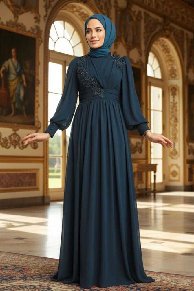 Robe de soirée longue et couvrante avec dentelle – Bleu marine 21940L - 1