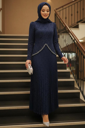 Tesettürlü Abiye Elbise - Dantelli Lacivert Tesettür Abiye Elbise 55591L 