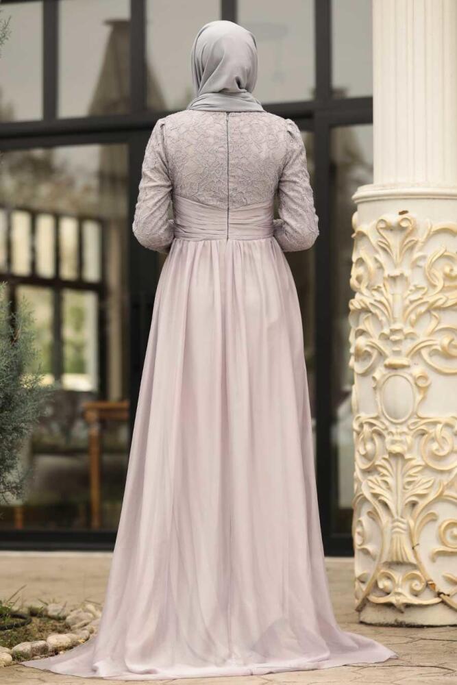 Tesettürlü Abiye Elbise - Dantelli Pelerinli Gri Tesettür Abiye Elbise 191801GR - 2