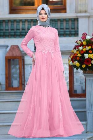 Tesettürlü Abiye Elbise - Dantelli Pembe Tesettür Abiye Elbise 4419P - 1