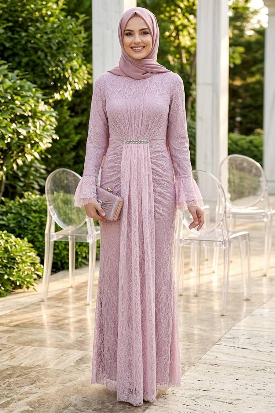 Tesettürlü Abiye Elbise - Dantelli Pembe Tesettür Abiye Elbise 56621P