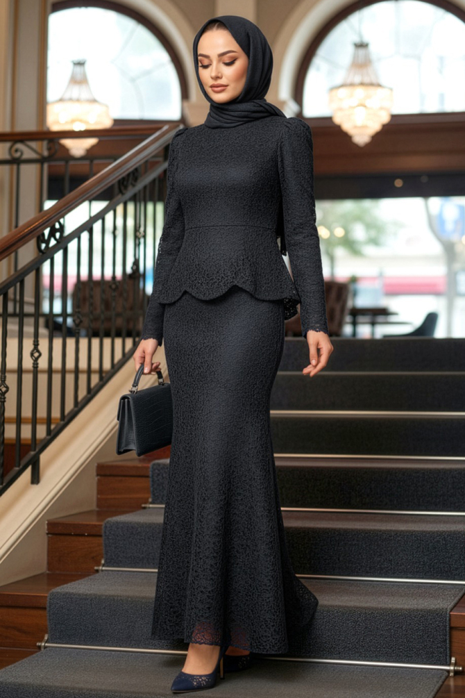 Tesettürlü Abiye Elbise - Dantelli Siyah Tesettür Abiye Elbise 55521S - 1