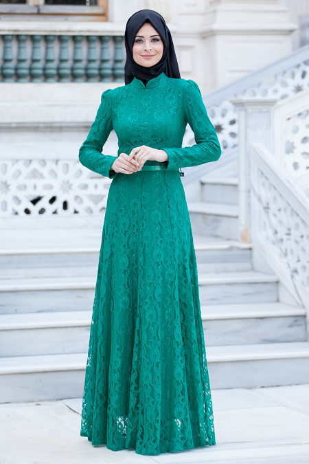 Tesettürlü Abiye Elbise - Dantelli Yeşil Elbise