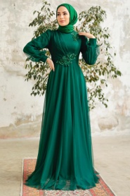 Tesettürlü Abiye Elbise - Dantelli Yeşil Tesettür Abiye Elbise 22061Y - Thumbnail