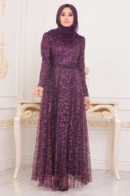 Tesettürlü Abiye Elbise - Dark Purple Hijab Evening Dress 86650MU - Thumbnail
