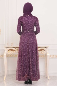 Tesettürlü Abiye Elbise - Dark Purple Hijab Evening Dress 86650MU - Thumbnail