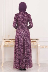 Tesettürlü Abiye Elbise - Dark Purple Hijab Evening Dress 86651MU - Thumbnail