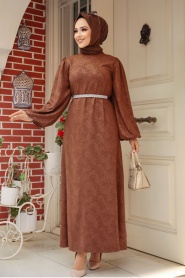 Tesettürlü Abiye Elbise - Deri Görünümlü Kahverengi Tesettür Abiye Elbise 60981KH - Thumbnail