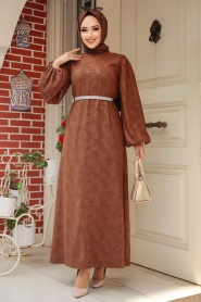 Tesettürlü Abiye Elbise - Deri Görünümlü Kahverengi Tesettür Abiye Elbise 60981KH - Thumbnail