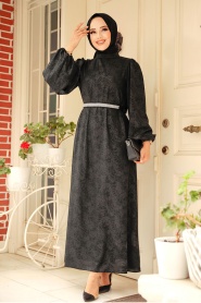 Tesettürlü Abiye Elbise - Deri Görünümlü Siyah Tesettür Abiye Elbise 60981S - Thumbnail