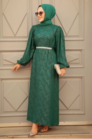 Tesettürlü Abiye Elbise - Deri Görünümlü Zümrüt Yeşili Tesettür Abiye Elbise 60981ZY - Thumbnail