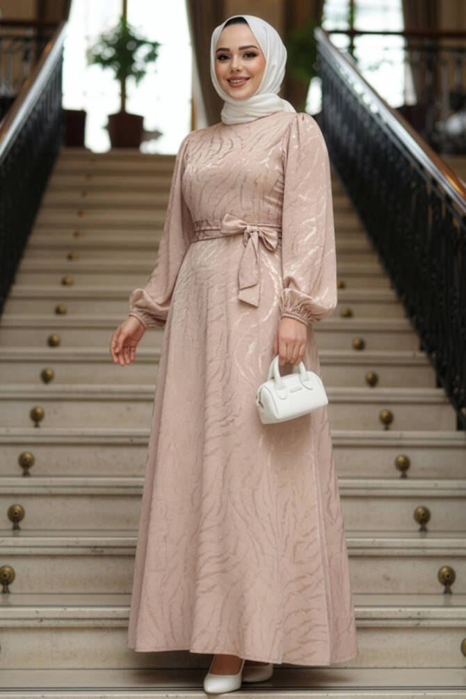 Tesettürlü Abiye Elbise - Desenli Bisküvi Tesettür Abiye Elbise 23273BS - 1